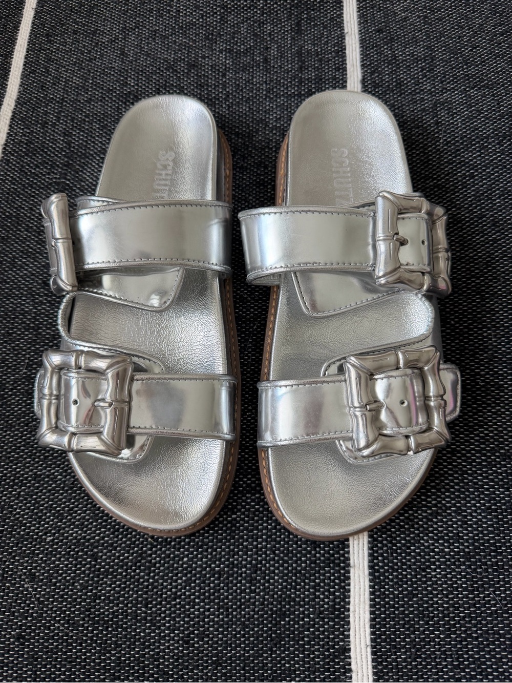 SCHUTZ Enola Metallic Silver Double-Buckle Slide Sandals sz 7